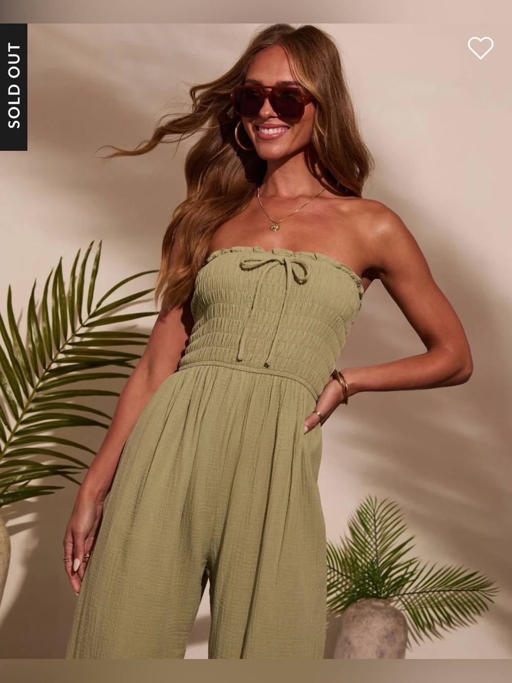 Aakaa Olive Strapless Smocked Wide-Leg Jumpsuit